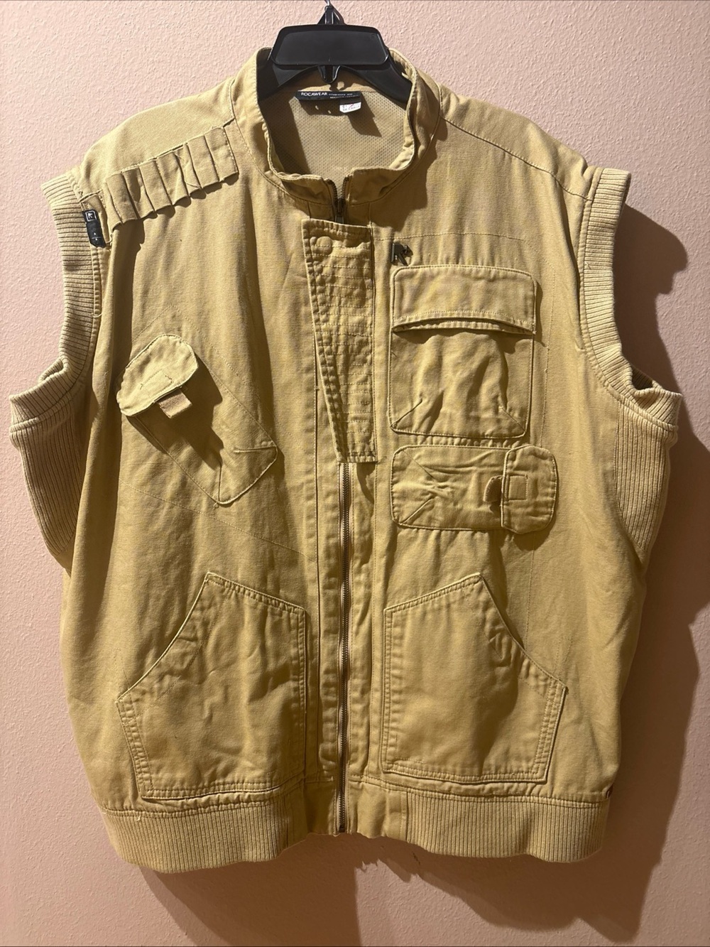 Vintage Rocawear Cargo Utility Vest Mens 3XL Tan Y2K Hip Hop Streetwear Cotton